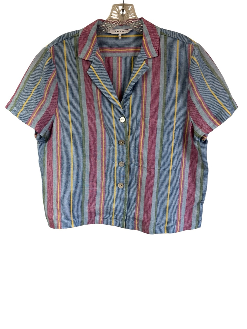 FRAME Stripe 100% Linen Button Front Camp Shirt Multi Pastel Color Size Small